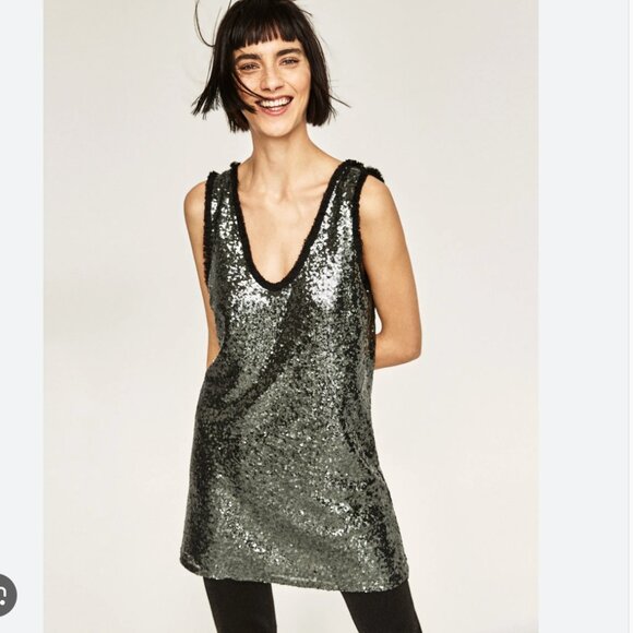 Zara Festive Sequin Mini Dress Low Back Sleeveless Grey Black Size XS - Picture 2 of 8